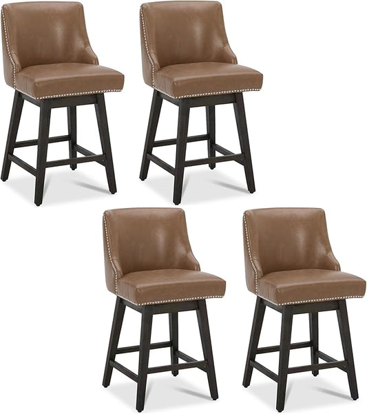 CHITA Counter Height Swivel Bar Stools Set of 4, FSC Certified Upholstered Counter Stools, Modern Swivel Barstools with Wood Legs for Kitchen Island, 26" Seat Height, Faux Leather in Saddle Brown