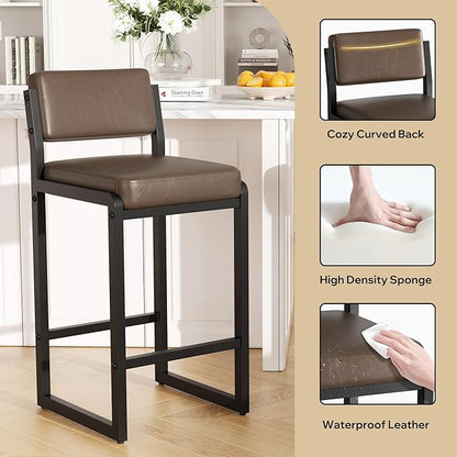 Bar Stools Set of 3, Faux Leather Counter Height Bar Stools with High Back and Metal Legs, Upholstered Bar Chairs, 26" Modern Barstools for Kitchen Island, Dark Brown