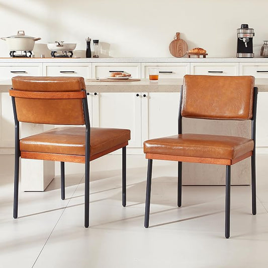 Modern Dining Chairs Set of 2, Kitchen Chairs with Thick Cushions and Adjustable Foot Pads, Upholstered Faux Leather Dining Room Chairs with Sturdy Metal Legs,Brown