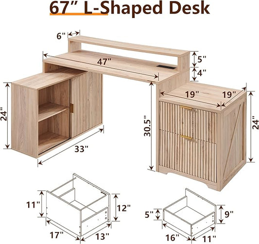 JXQTLINGMU 67" Modern L Shaped Desk with Storage Cabinet & Drawers, Wood Home Office Desk with Power Outlets, Fluted Computer Writing Desk, Natural Oak
