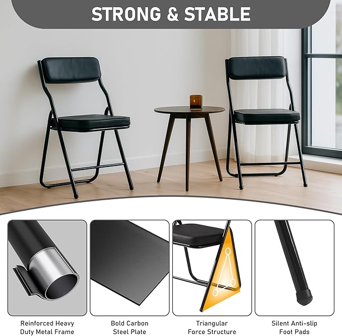 4 Pack Padded Folding Chairs with Cushion, Foldable Dining Chair Set Portable Indoor Outdoor Stackable Folding Chairs with Steel Frame for Home Office Events Wedding Party Black