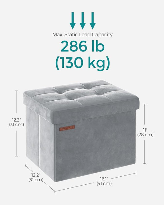 SONGMICS Storage Ottoman, Foldable Small Ottoman Foot Rest, 12.2 x 16.1 Inches Foot Stool, Ottoman with Storage, Load up to 286 lb, for Living Room, Bedroom, Dorm, Dove Gray ULSF200G02