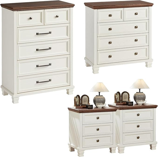 Farmhouse Bedroom Dresser and Nightstand Set of 4, 6 Drawer Tall & 5 Drawers Dresser & 3 Drawer Nightstand Set with Wooden Legs, Rustic Wood Bedroom Furniture for Livingroom, Hallway, White