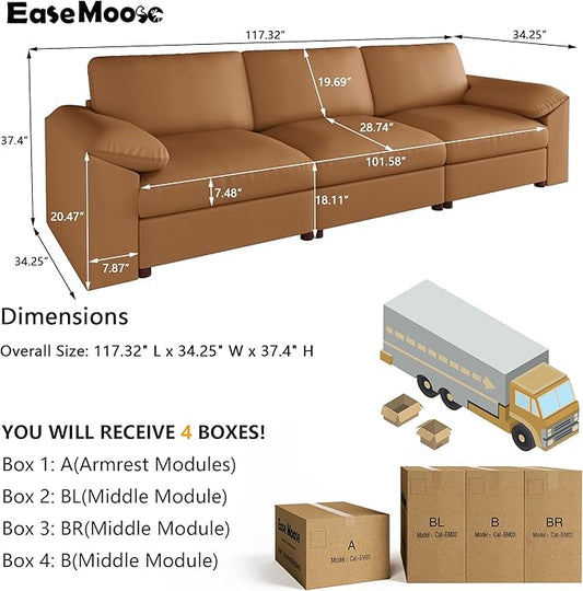 EASE MOOSE 3 Seater Deep Seat Sectional Sofa, Scratch Resistant Faux Leather Material, Oversized Modular Couch for Living Room,Modern Comfy Sofas for Small Spaces,Brown