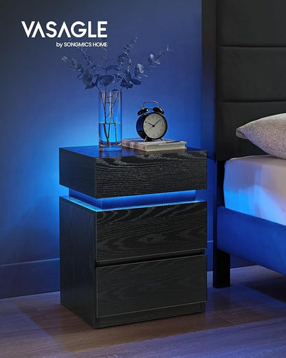 VASAGLE Nightstand with LED Lights, Adjustable Light Colors, Bedside Table, Side Table with 3 Drawers, Modern Style, 13.8 x 15.7 x 21.7 Inches, Ebony Black LET630T58
