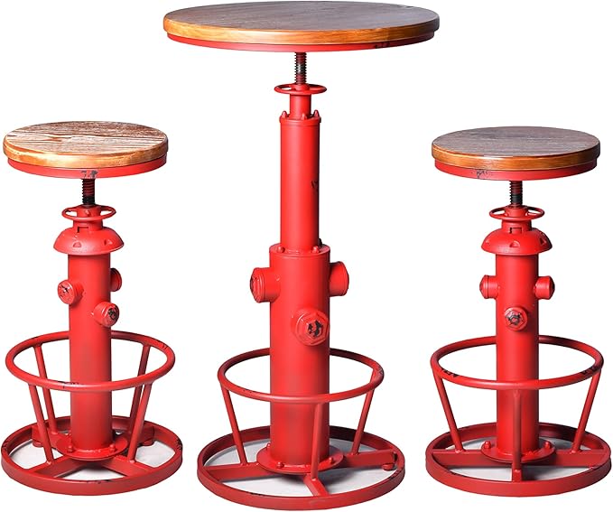 Topower 3 Piece Pub Bar Set Retro Round Bar Table and Stools for 2 Height Adjustable Pub Desk and Stools Match Bar Height and Counter Barstool Antique Red(1 Table + 2 Chairs)