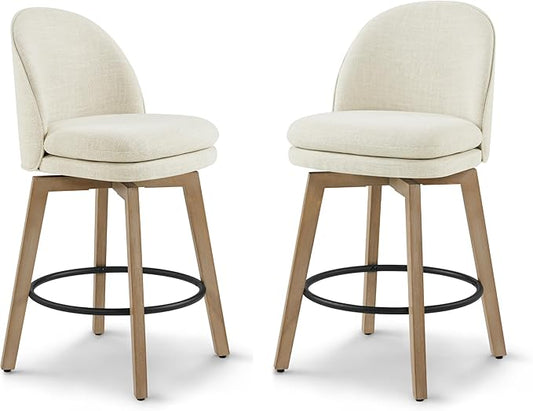 Counter Height Barstools 26 inch Upholstered Swivel Bar Stools with Back and Wood Legs for Kitchen Island,Set of 2,Linen Fabric-Armless