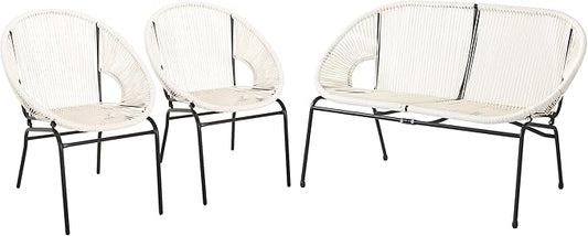 Christopher Knight Home Dessa 3 Piece Patio Furniture Set, Patio Wicker Accent Chair Set of 2 and Loveseat, Metal Frame 4 Seater Outdoor Papasan Lounge Chair Set, PE Rattan Outdoor Bistro Set, White