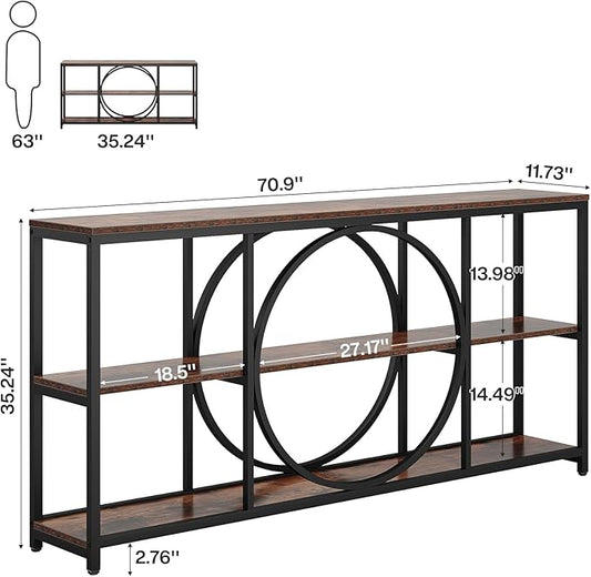 Tribesigns Extra Long Console Table, 70.9 inch Narrow Sofa Tables with 3 Tier Wood Storage Shelves Industrial Metal Frame for Entryway Hallway Living Room Behind Couch, Rustic Brown Black