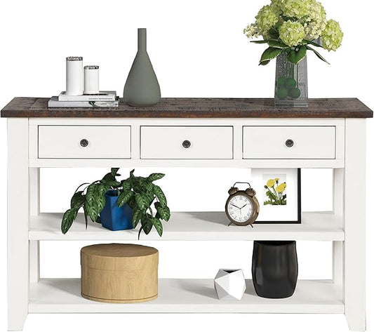 LKTART Solid Wood Console Table,Sofa Table with Storage Drawers and Bottom Shelf,Entryway Table for Entry Hallway Foyer Sofa Couch Table,Easy Assembled (48.8" Antique White)