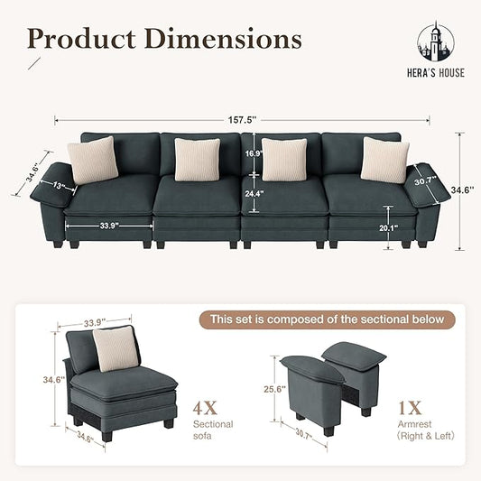 HERA'S HOUSE 158" Modular Sectional Sofa, Oversized Couches for Living Room, Comfy Cloud Couch 4-Seater Deep Seat Sofa with Throw Pillow, Chenille Blue