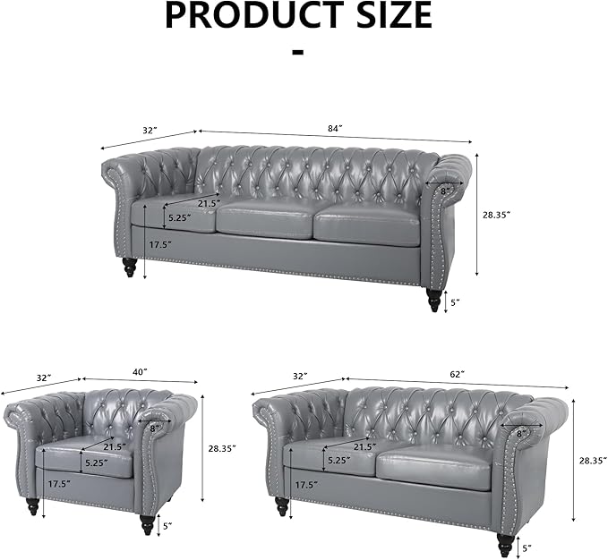 2 Piece Living Room Sofa Set, 3 Seater Faux Leather Sofa Couch and Chair Set, Mid Century Modern Upholstered Couch with Cushions, Vintage Comfy Tufted Chesterfield Couches for Bedroom, Office (Grey)