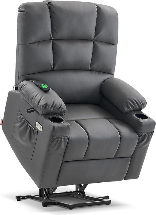 MCombo Large Dual Motor Power Lift Recliner Chair for Elderly, Massage and Heat, Lay Flat, Zero Gravity, Home Button, USB Port, Faux Leather 7680 (Dark Grey, Large)