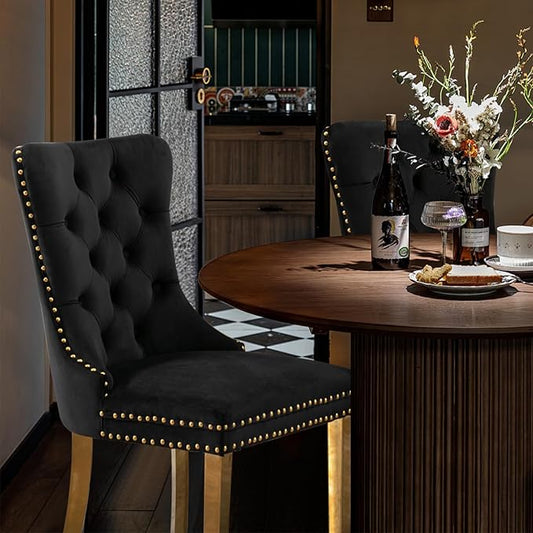 Velvet Upholstered Dining Chairs Set of 6, Modern Style Kitchen Side Chairs with Nailhead Trim and Gold Plated Leg, Metal Pulling Ring for Dining Room Living Room(Black, Set of 6)