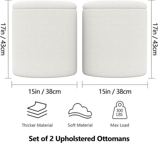Ottoman Poufs with Storage, Set of 2 Soft Upholstered Vanity Stool,Multifunctional Ottomans Coffee Table Padded Seat Foot Rest for Living（White, Pack of 2）