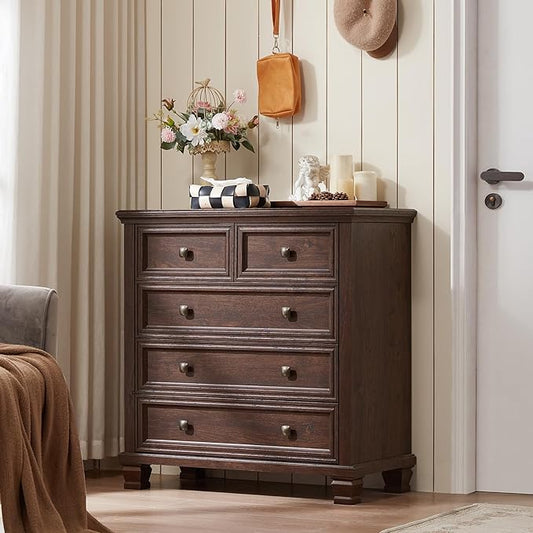Farmhouse Bedroom Dresser and Nightstand Set of 4, 6 Drawer Tall & 5 Drawers Dresser & 2 Drawer Nightstand Set, Rustic Wood Bedroom Furniture Set for Livingroom, Hallway, Walnut