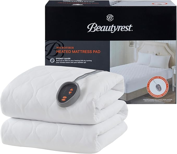 Beautyrest 3M Scotchgard Heated Mattress Pad - Electric Bed Warmer with 5 Heat Settings, 10 Hr Auto Shut Off Timer, All Around Elastic Deep Pocket, UL Certified, Machine Washable, White Full