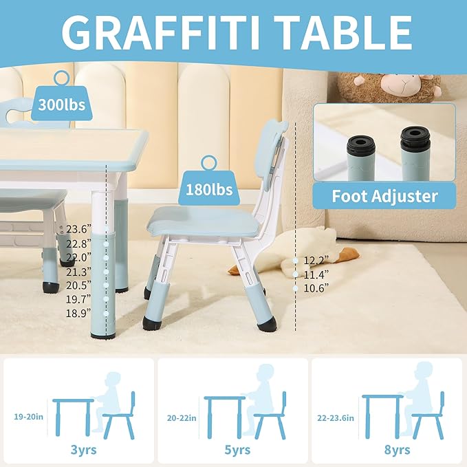 Toddler Table and 2 Chairs, Height-Adjustable Kids Table and Chairs Set, 31.5''L x 23.6''W Children Activity Table for Boys and Girls Aged 3-8