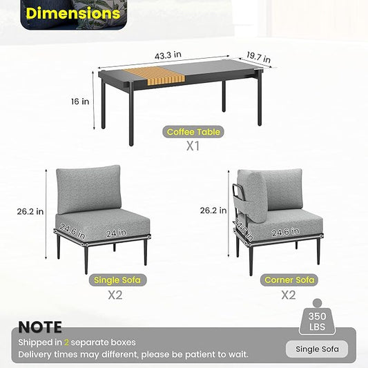 Sundale Outdoor 5 Pieces Metal Patio Furniture Set, Outdoor Sectional Sofa w/6 Inch Olefin Cushion and Coffee Table, Modern Outdoor Conversation Sets (4 Seats, Grey Frame)