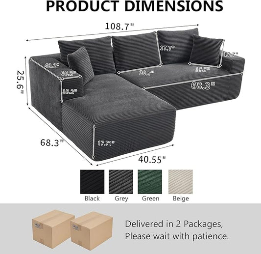 PELUMY 108.7" L-Shaped Modular Sectional Sofa with Oversized Chaise, Cloud Couch with Memory Foam, No Assembly Required Sleeper Sofa for Small Space Living Room, Apartment (Grey, Corduroy)