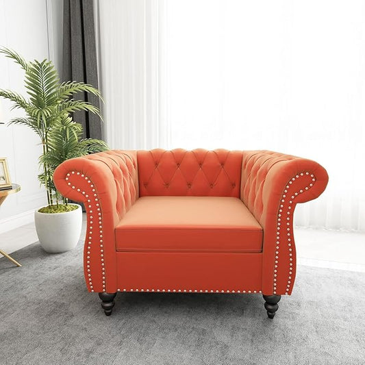 Living Room Chair, Modern Velvet Chesterfield Sofa Chair, Mid Century Single Sofa Couch Chair with Tufted Back and Rolled Arms, Accent Sofa Chair for Living Room Apartment, Orange