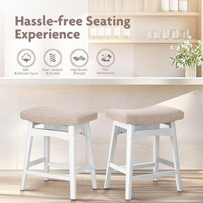 ALPHA HOME Bar Stools Set of 1, Solid Wood Saddle Kitchen Stools with Grey PU Leather Cushion Counter Height Barstools with Wooden Base for Kitchen Dining Cafe, 24 Inch, 1PCS