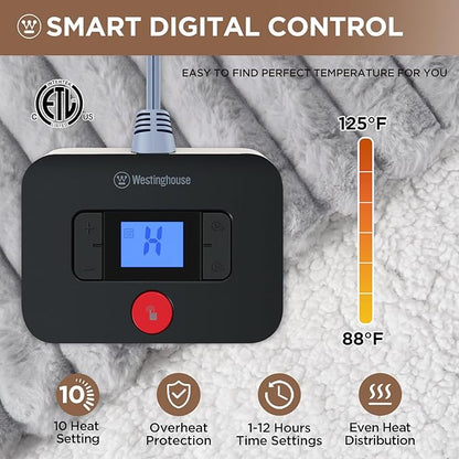 Westinghouse Electric Blanket Full Size, Super Cozy Luxury Faux Fur & Sherpa Heated Blanket with 10 Heating Levels & 1-12 Hours Auto Off, Fast Heating Blanket, Machine Washable, 80x 84 Inch Light Grey