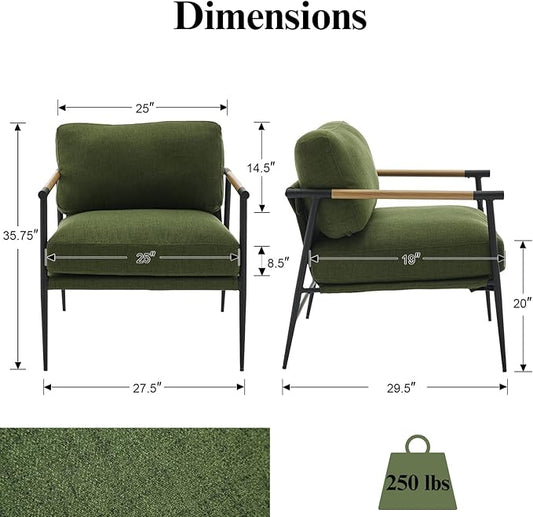 Mid-Century Accent Chair Set of 2, Soft Armchair Linen Fabric Lounge Chair with Black Metal Legs, Upholstered Leisure Chair for Living Room Reception Room, Green