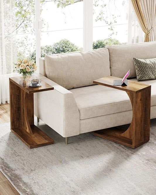 Tribesigns C-Shaped End Table for Couch, Sofa Side Table, C Table for Small Space, Living Room, Bedroom (2, Rustic Brown)