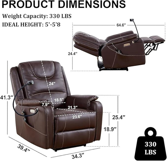 Zero Gravity Power Recliner Chairs for Adults 139°Single Sofa Chair Massage and Lumbar Heating with USB Port, Phone Holder, Side Pocket, Eco Leather(Brown)