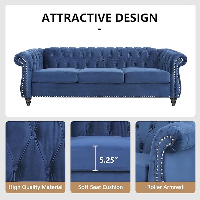 Home Sofa Living Room Furniture, 3 Seater 84" Velvet Upholstered Couch, Mid Century Modern Comfy Couch with Cushions, Classic Tufted Chesterfield Couches for Bedroom, Office, Apartment (Blue)