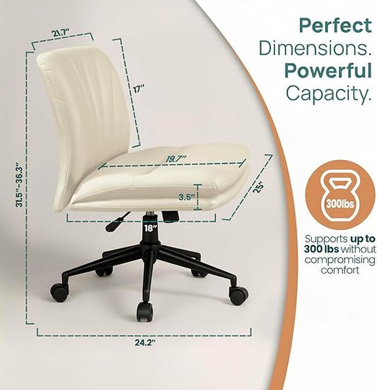 NYPOT Armless Desk Chair with Wheels for Criss Cross Sitting - Cross Legged Wide Armless Chair - Adjustable Vanity 360° Swivel Stool and 120° Rocking Wide Seat Comfy for Home and Office, Color Ivory