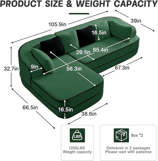 Cloud Sectional Sofa Modern Boneless Couch for Living Room, Comfy Deep Seat Comfy Teddy Fabric Double Sofa Chaise No Assembly Required (Green, 106" L Shape with Left Facing)