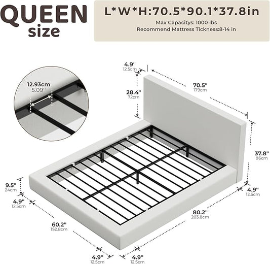 RECCI Cloud Upholstered Queen Bed Frame with Headboard, 5 Inch Foam Padded Platform, No Box Spring, Easy Assembly (Off-White)