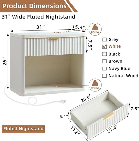 LEYAOYAO 31" Wide Fluted Nightstand with Charging Station, Oversized Extra Large 1 Drawer Night Stand with Golden Handle, White Wood Bedside Table Tall End Tables,for Bedroom, Living Room, Hallway