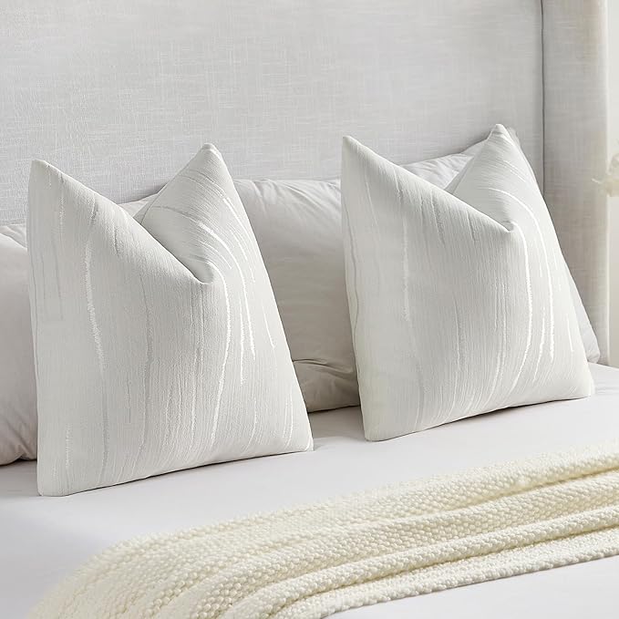FUTEI White Chenille Decorative Throw Pillow Covers 22x22 Inch Set of 2,Soft Embossed Striped Textured Cushion Case,Modern Home Decor for Couch Bed Living Room