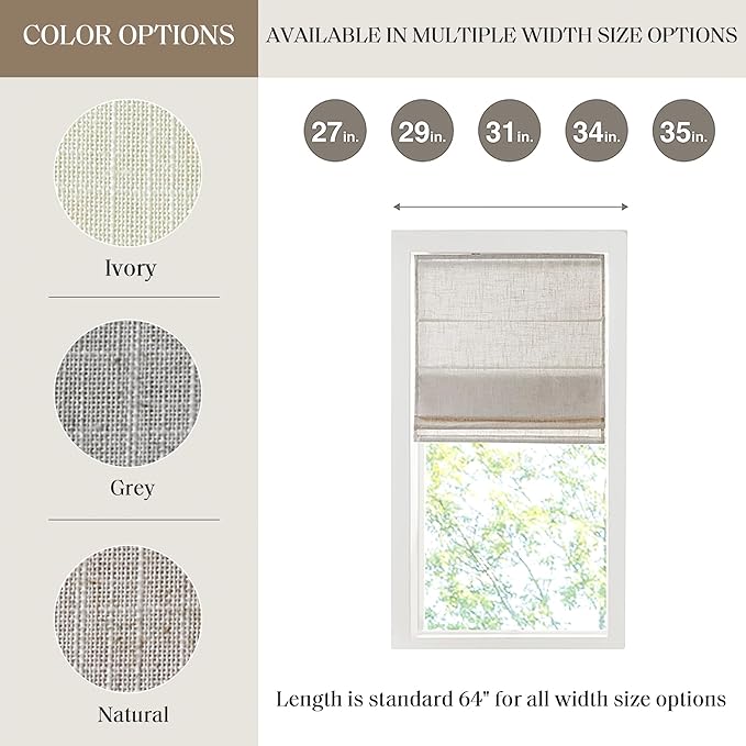 Madison Park Kyler Cordless Roman Shades - Single Panel, Lightweight Linen Blend Fabric, Natural Design, Easy Installation, Light Filtering Window Blind, Bedroom, Living Room Decor 34"W x 64"H Natural