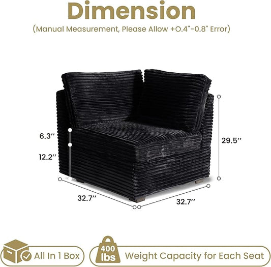 32.7'' Corner Seat for Modular Sectional Sofa, Deep Seat Upholstered Convertible Sleeper Sofas, L/U/V Shaped Plush Corduroy Cloud Couch for Living Room Apartment, Black