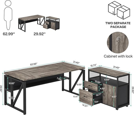 Tribesigns L Shaped Desk with Drawer Cabinet, 63" Executive Computer Desk and lateral File Cabinet, 2 Piece Home Office Furniture with Drawers for Hanging File, Doors with Locks (Gray, 63 inches)