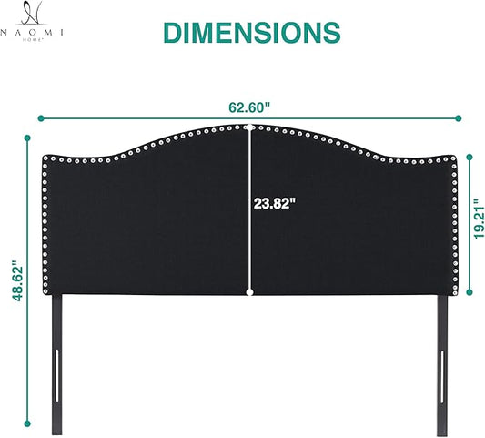 Naomi Home Catalina Queen Headboard – Upholstered Linen Tufted Panel with Nailhead Trim, Adjustable 12 Height Settings, Wall or Bed Frame Mount – Black