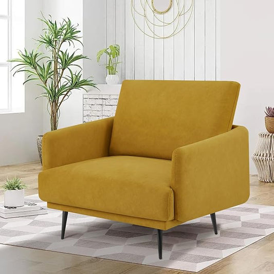 Oversized Accent Chair for Living Room Chairs Reading Arm Chair Comfy Modern Single Sofa Side Chairs with Metal Legs & Soft Cushion for Bedroom, Waiting Room (Velvet Yellow, Set of 1)