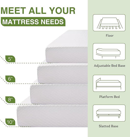 EGOHOME 10 Inch Queen Mattress, Memory Foam Mattress in a Box with Cooling Green Tea Gel, Relieve Pressure with Medium Support, CertiPUR-US Certified, 80''L x 60''W, White