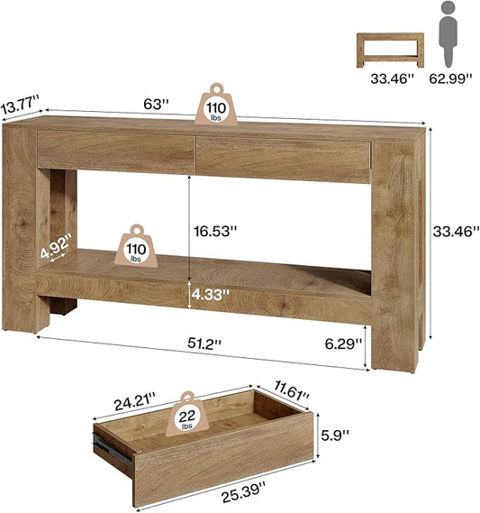 Tribesigns 63" Console Table with 2 Drawers, Farmhouse Entryway Table with Storage Shelf and Sturdy Legs, Wooden Sofa Table for Living Room, Hallway, Entrance (Brown)