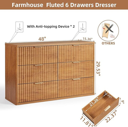 LEYAOYAO Fluted 6 Drawers Dresser, 48" Wide Modern Chest of Drawers with Woodgrain Top, Curved Profile Design, Dresser TV Stand, Wood Drawer Organizer for Bedroom, Living Room, Hallway,Brown