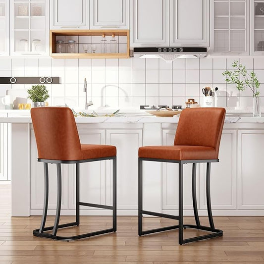 Sophia & William Counter Height 24" Bar Stools Set of 2 for Kitchen Island,Modern PU Leather Bar Stools with Backrest,Upholstered Counter Stools Sturdy Chromed Metal Frame,Brown