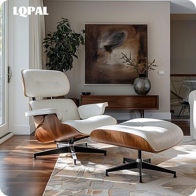 Top White Grain Leather, Mid Century Chaise Lounge Chair and Ottoman, Modern Chair Classic Design, Walnut Wood, Heavy Duty Base Support for Living Room Office