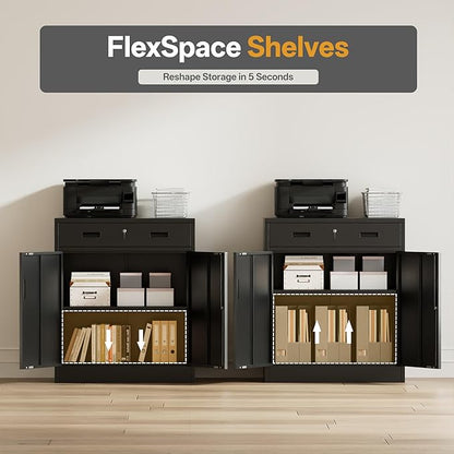 Steel Storage Cabinets，Metal Storage Cabinet with 1 Locking Drawers, Locking Storage Cabinets for Office, Home, Garage, Warehouse 37" H x 31.5" W x 15.7" D (Black)