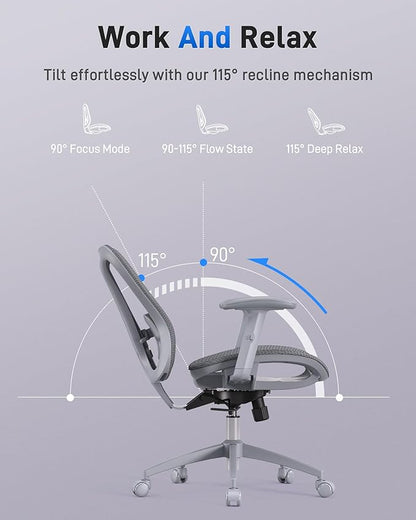 Ergonomic Office Desk Chair, Comfortable Computer Gaming Chair, Breathable Mesh Back & Seat, Adjustable Armrest, Lumbar Support, Butterfly Design for Home Office (Gray)