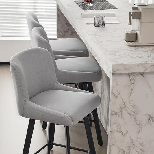 Swivel Bar Stools Set of 6, 26''H Upholstered Barstools with Backs, Modern Counter Height Bar Stool Chairs for Kitchen Island, Metal Legs, Fabric, Light Gray Counter Stools