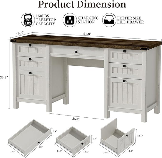 Executive Desk, Modern Farmhouse Computer Desk with Drawers & Cabinet, Home Office Desk for Work Study Writing Workspace (White, 62")